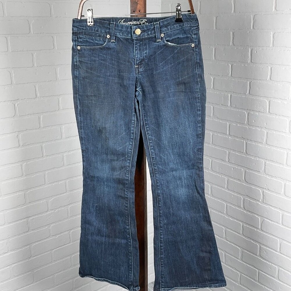 American Eagle Jeans Women 8R 32Wx31L Blue Real Flare Leg‎ Embroidery Denim